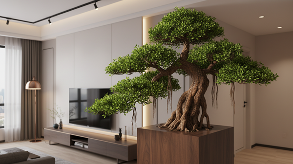Cây si bonsai nghệ thuật cạnh kệ tivi