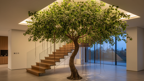 Cây si dáng huyền đổ xuống ô cầu thang